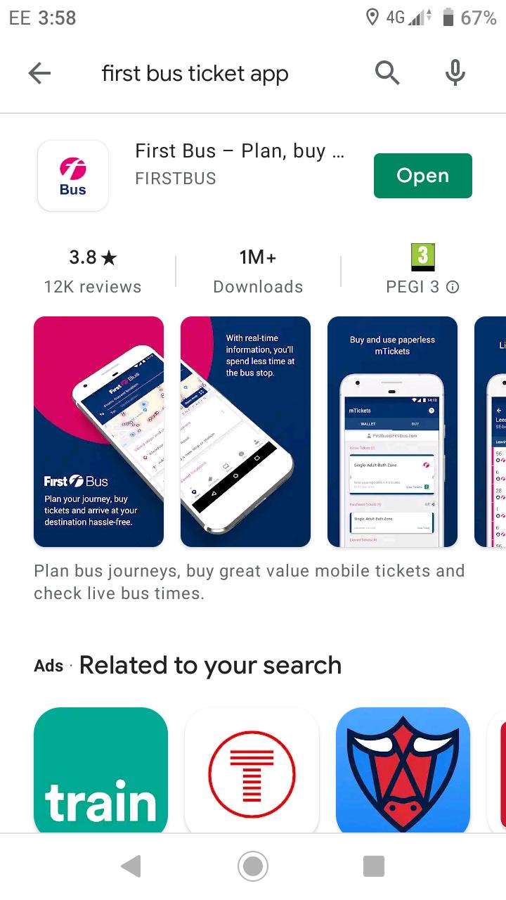 Search for First Bus in the App Store (iOS) or Play Store (Android) and download the app (it’s quite big – so do it on WIFI).