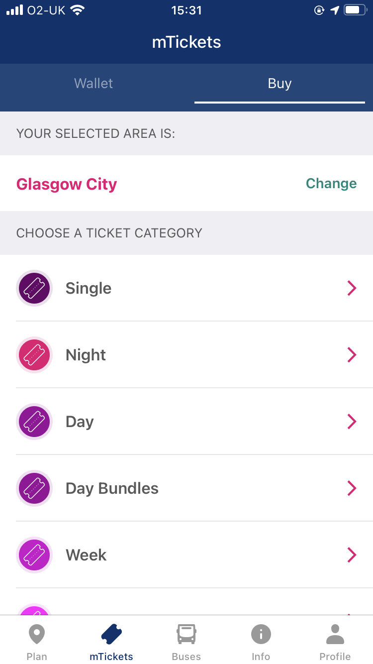 Click on the mTicket button located at the bottom of your screen, Select buy ticket – Greater Glasgow – Glasgow – and select the ticket you have been supplied.