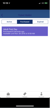 It will then show your Ticket Wallet – with your ticket sitting in the Purchased section. You’ll need to activate your ticket just before you get on the bus – for which you’ll need an internet connection.