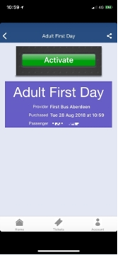 To do this, tap on your ticket and then Activate, then Yes. Your ticket will show up on the screen.