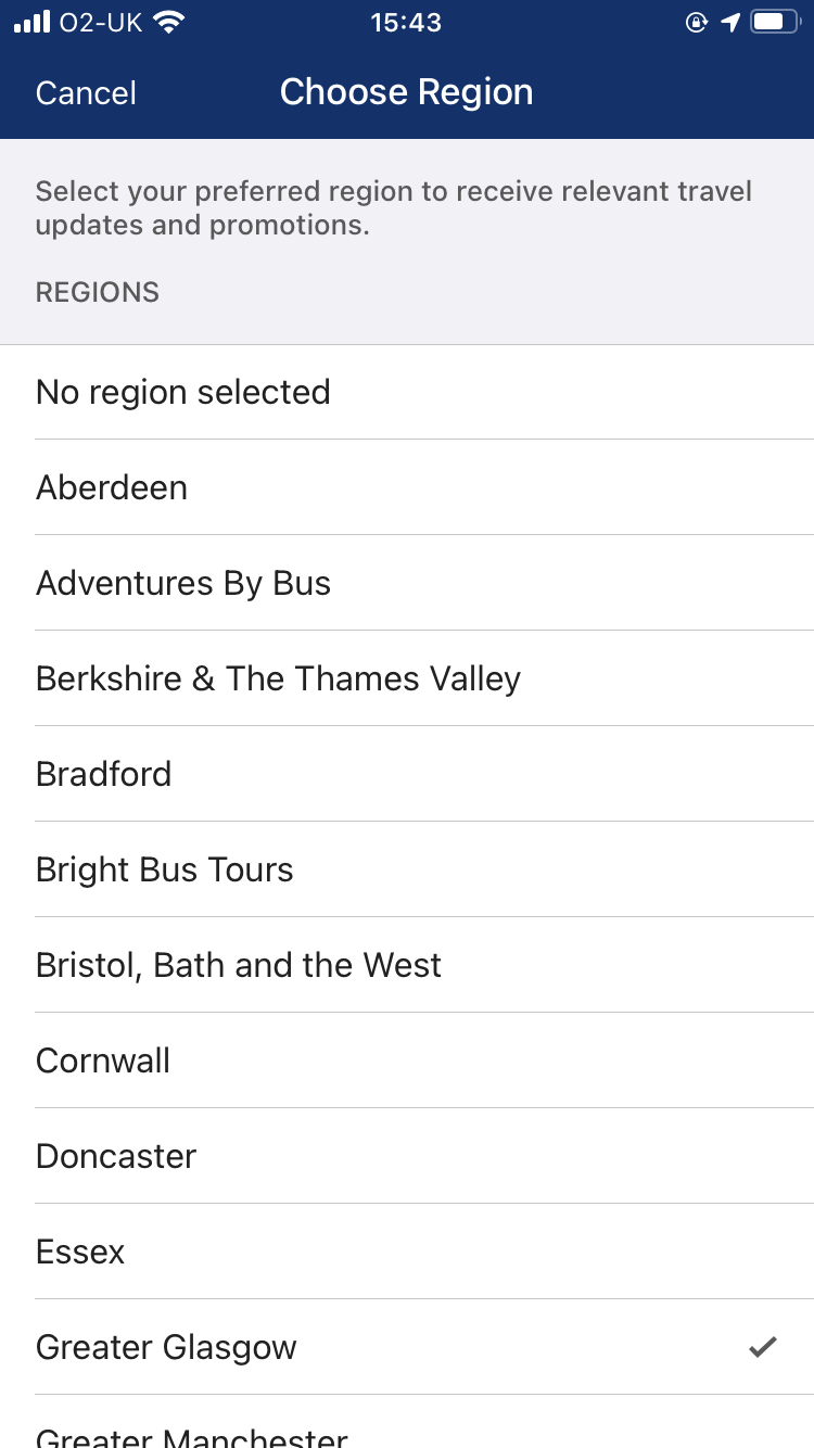 Open the app and it will ask you to select a region – tap on or search for Greater Glasgow.